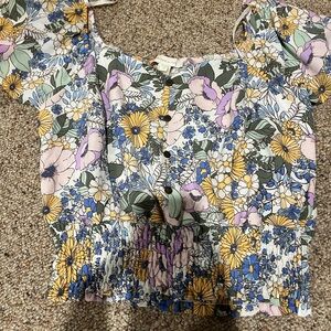 Monteau Blue and Yellow Crop Blouse Short Sleeve